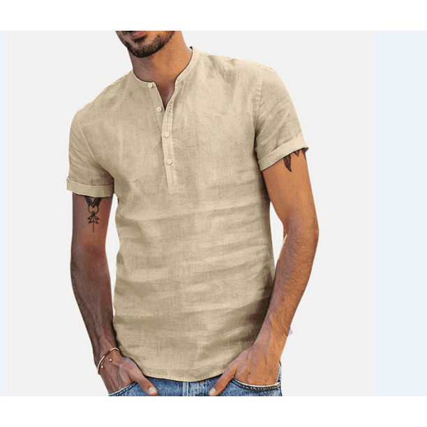Coolred-Men Short Sleeve Cotton Linen Stand Collar Solid Color Silm Fit Tees 